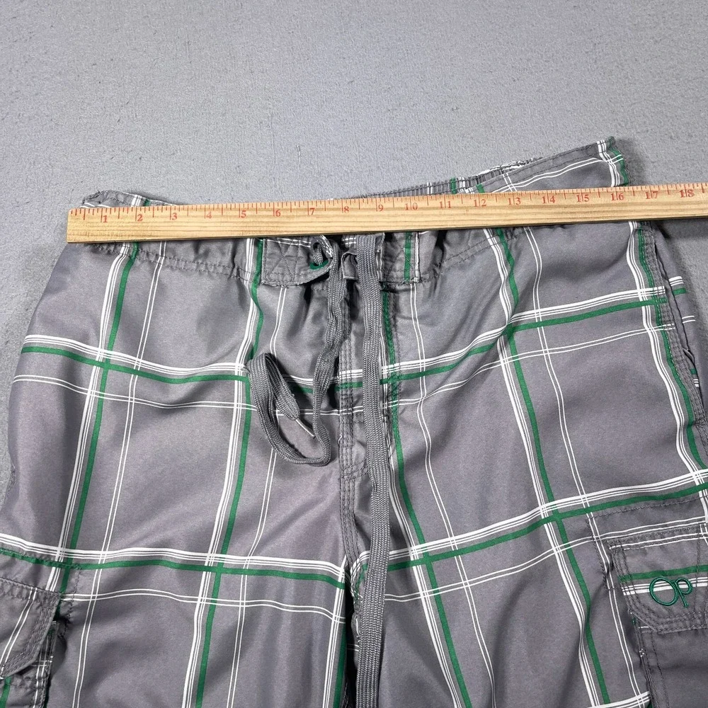 Ocean Pacific Plaid Board Shorts Men Medium Grey Green Cargo Swim Trunks Vintage